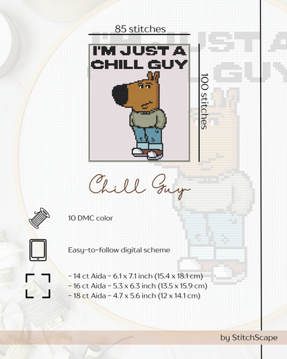 Cross-stitch pattern with a 'I'm just a chill guy' text, featuring 100 stitches and 10 DMC colors.