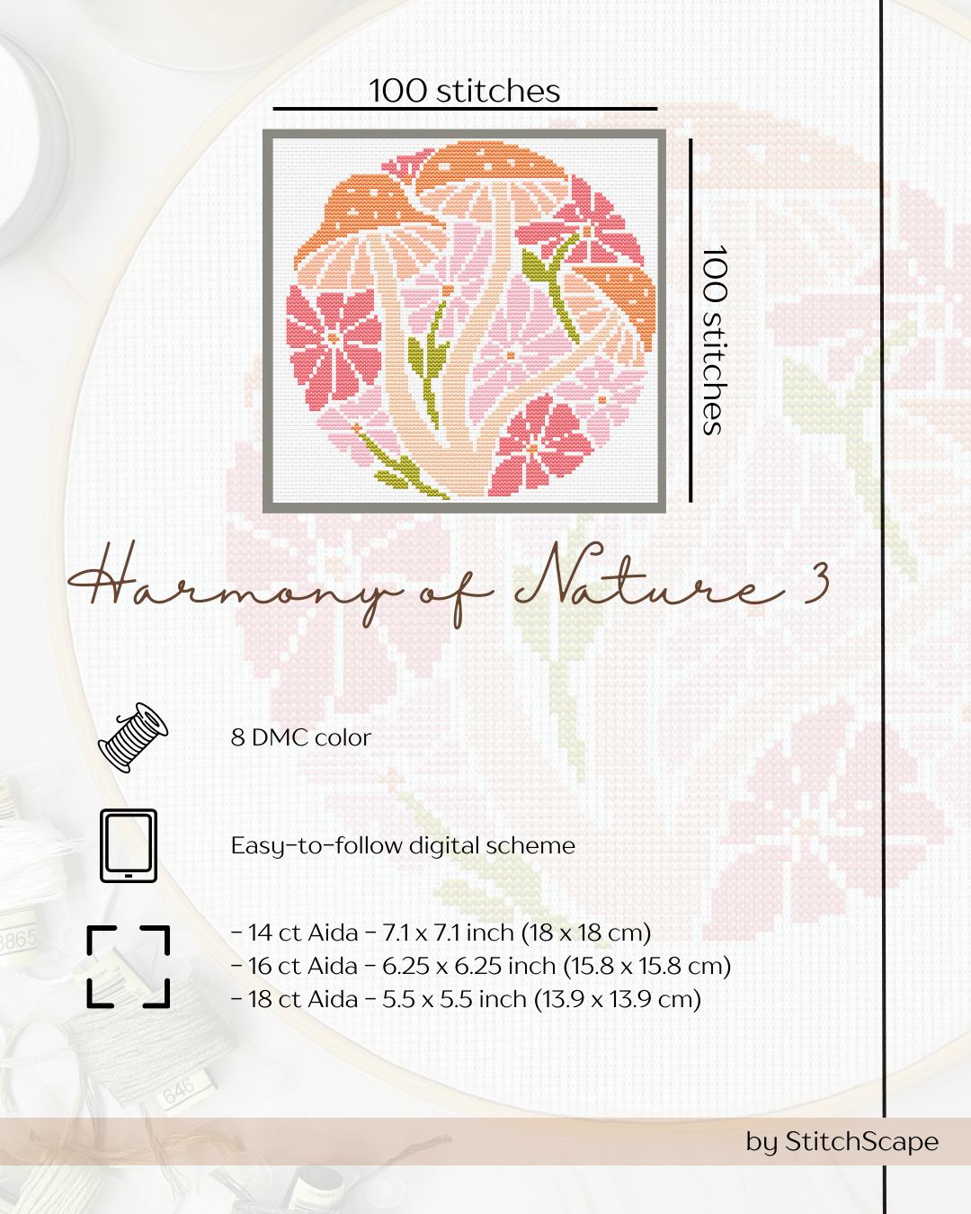 Cross-stitch pattern with floral design and technical details on a light background