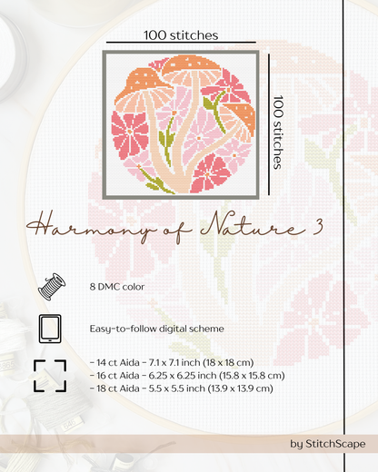 Cross-stitch pattern with floral design and technical details on a light background