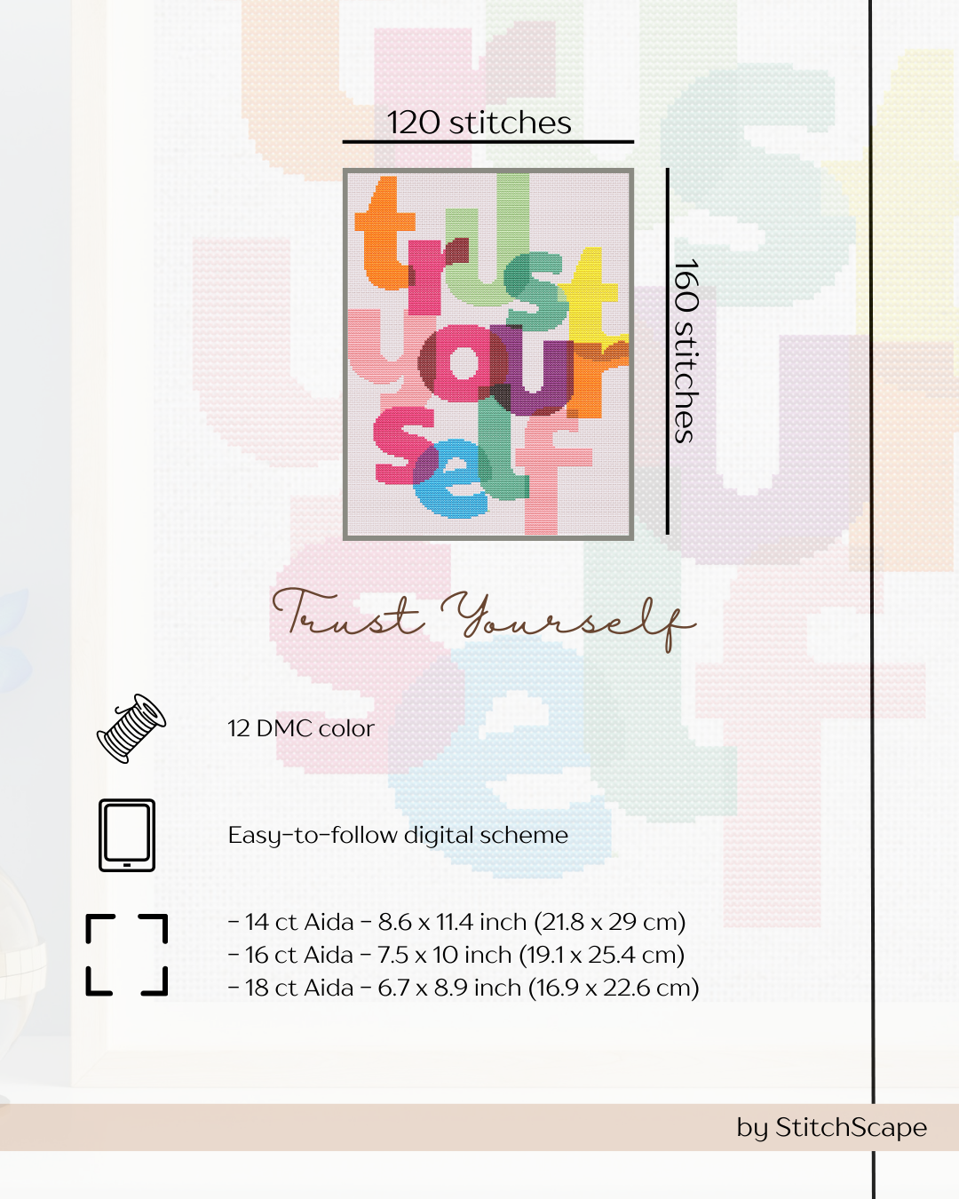 Stitch pattern with colorful text 'Trust Yourself' and stitching details on a light background.