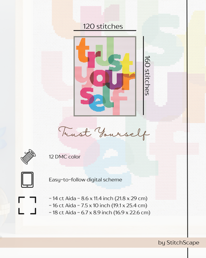 Stitch pattern with colorful text 'Trust Yourself' and stitching details on a light background.
