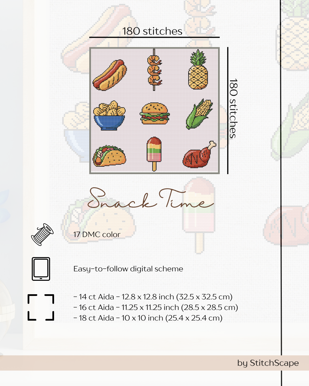 Embroidery design set for 'Snack Time' with various food illustrations and stitching details.