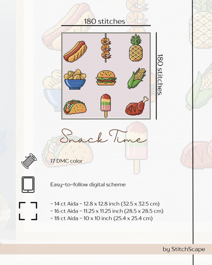 Embroidery design set for 'Snack Time' with various food illustrations and stitching details.