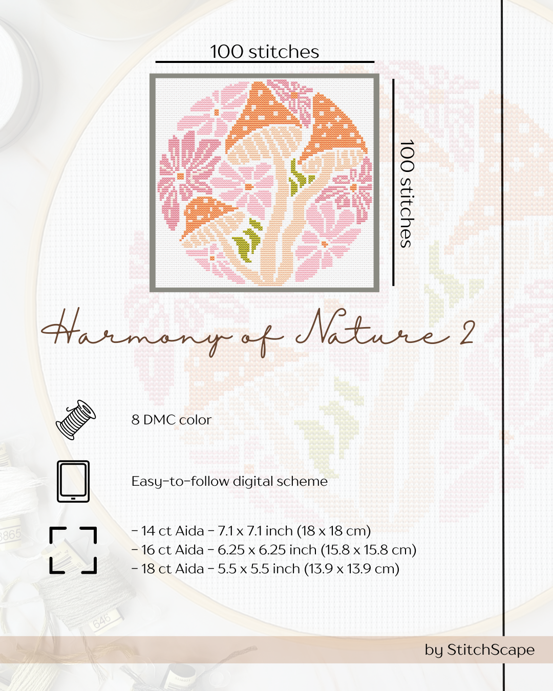 Stitch pattern design with 'Harmony of Nature 2' title and stitching details on a light background.