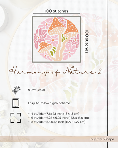 Stitch pattern design with 'Harmony of Nature 2' title and stitching details on a light background.