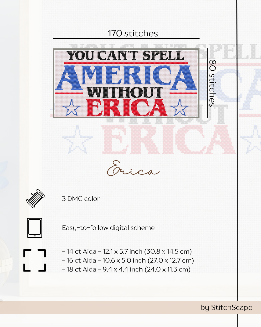 Embroidery design card with 'You Can't Spell America Without Erica' text and embroidery details.