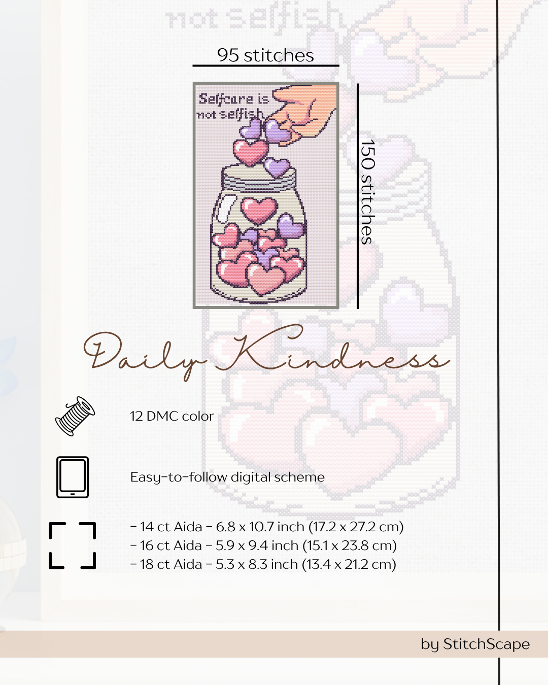 Stitch pattern for a jar with hearts labeled 'Daily Kindness' by StitchScape.