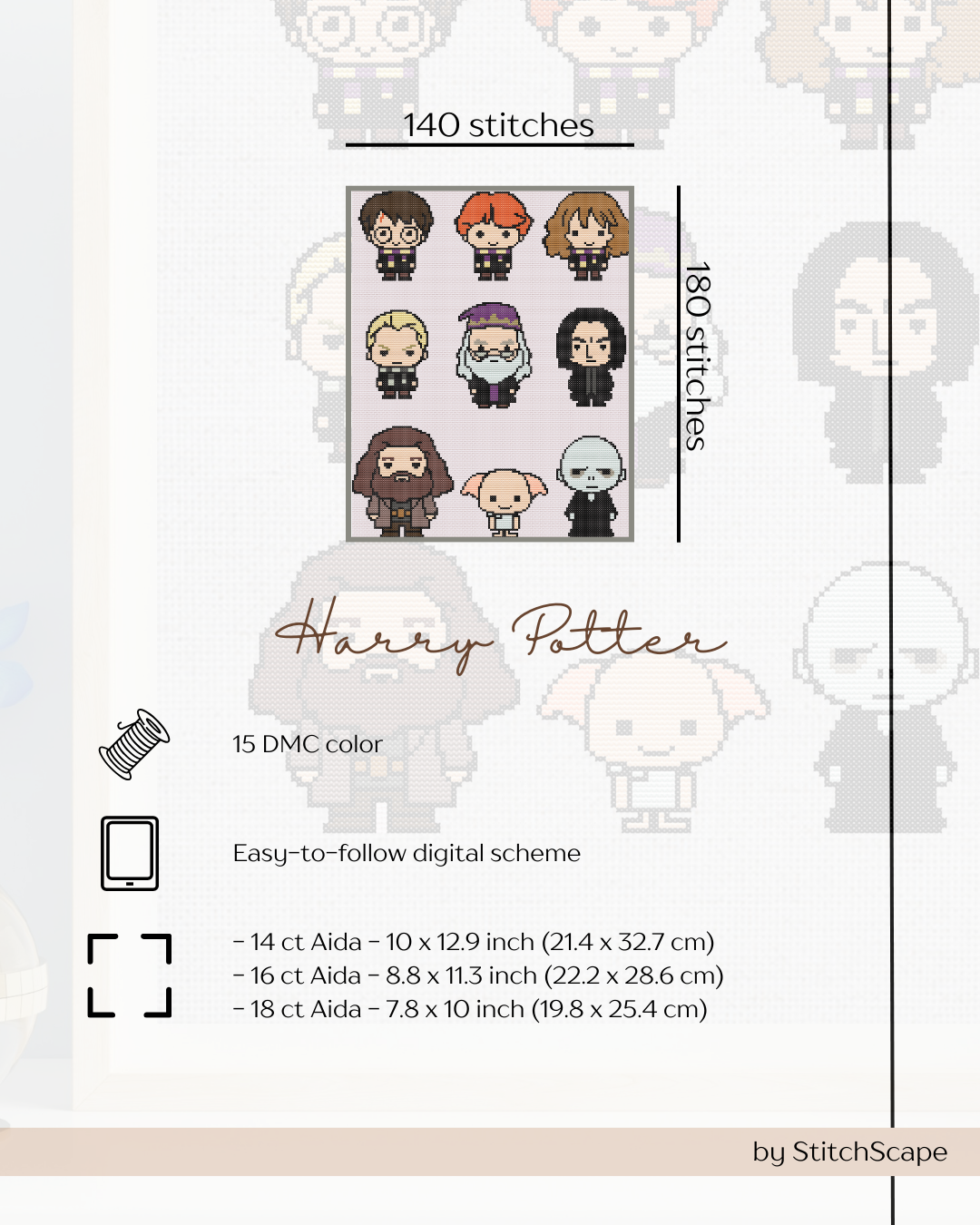 Stitch chart for 'Harry Potter' characters with details on stitches, colors, and fabric sizes.