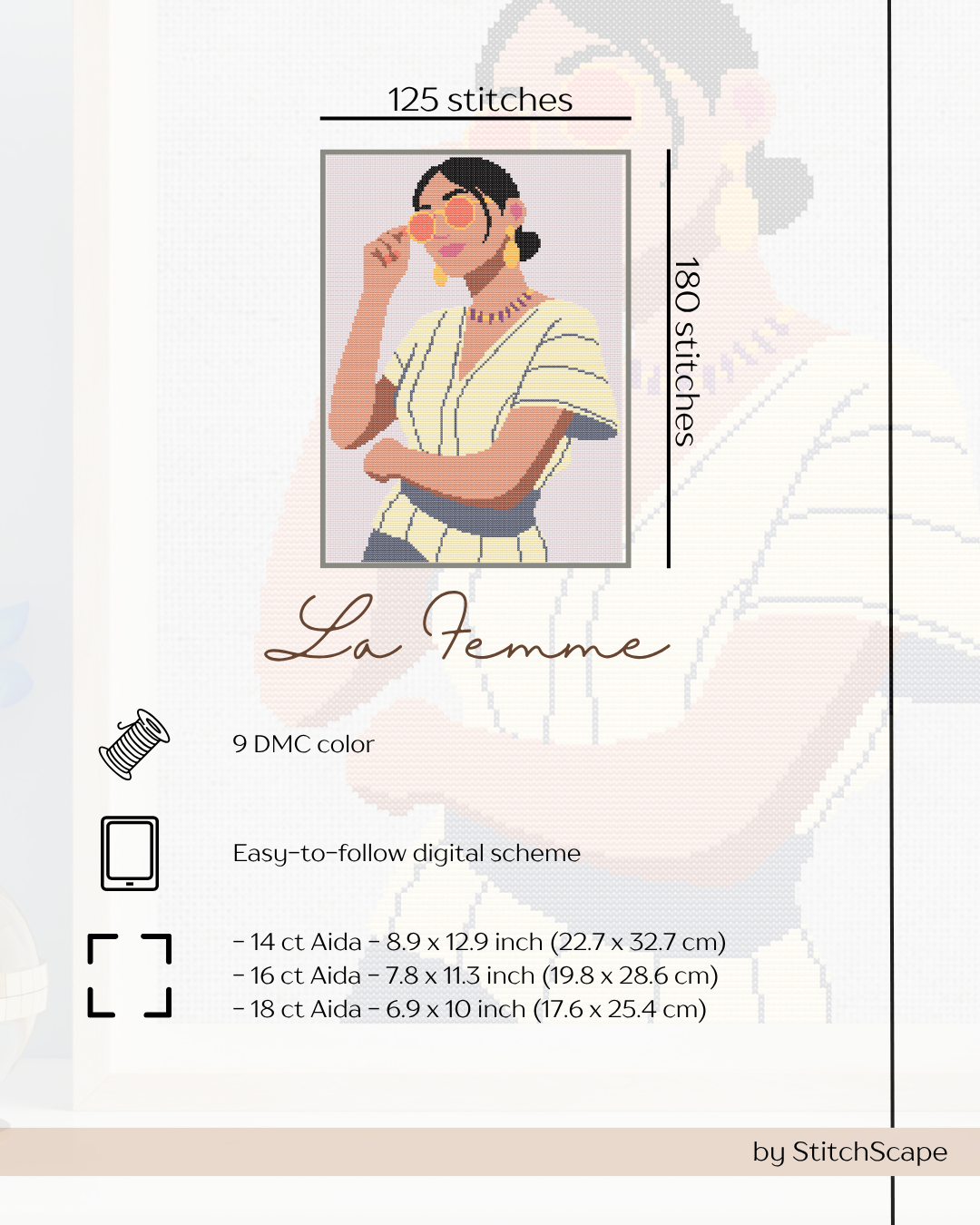 Product description card for embroidery kit with a woman wearing a yellow dress, stitching count, thread color, and fabric sizes.