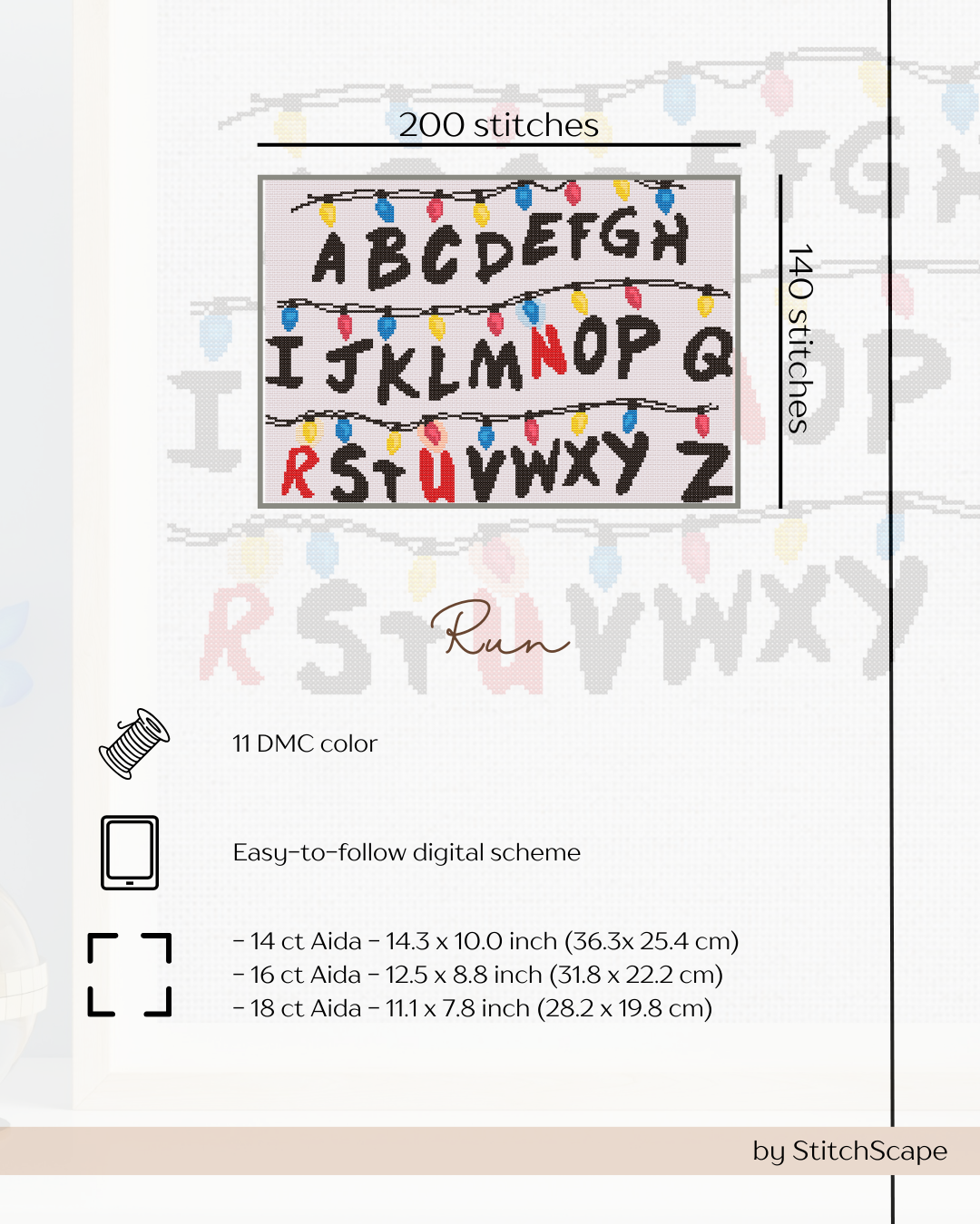 Embroidery pattern with alphabet design and Christmas lights, featuring StitchScape branding.