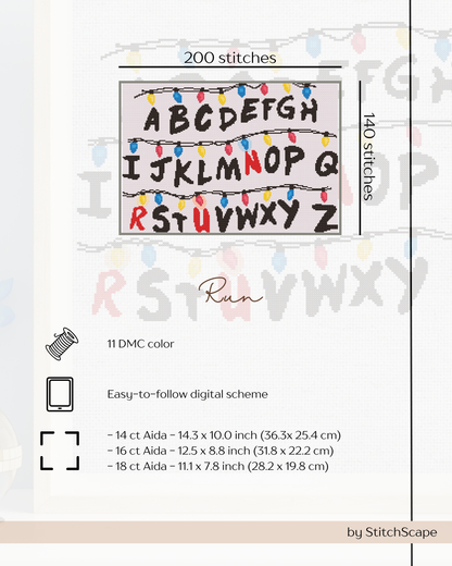 Embroidery pattern with alphabet design and Christmas lights, featuring StitchScape branding.