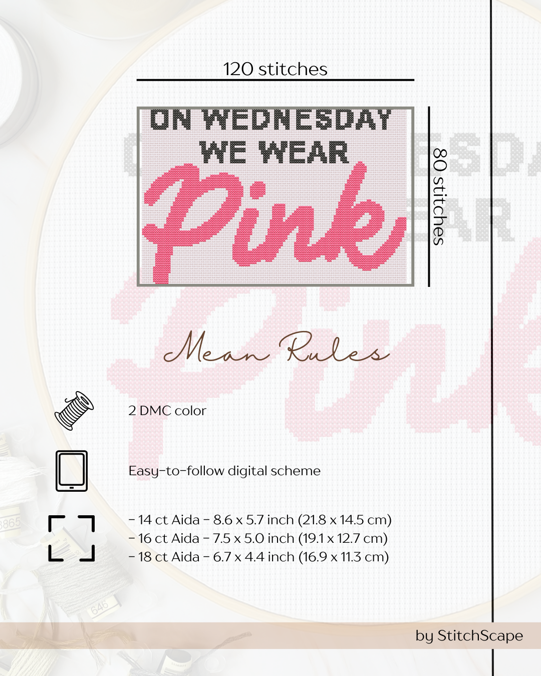 Cross-stitch pattern with 'On Wednesday We Wear Pink' text and design details.