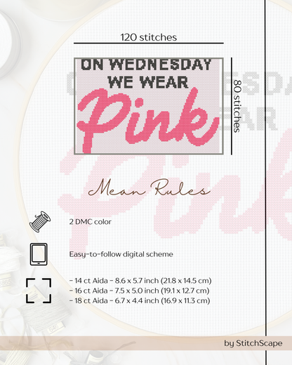 Cross-stitch pattern with 'On Wednesday We Wear Pink' text and design details.