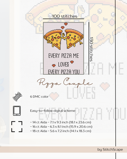 Cross-stitch pattern with pizza design and text 'Every Pizza Me Loves Every Pizza You' by StitchScape.