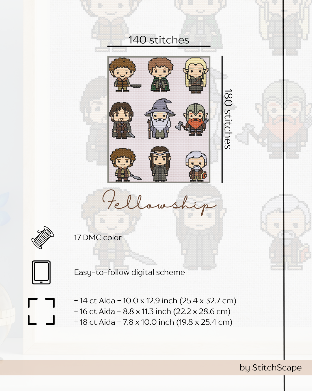 Stitch chart for 'Fellowship' design with character illustrations and stitching details.
