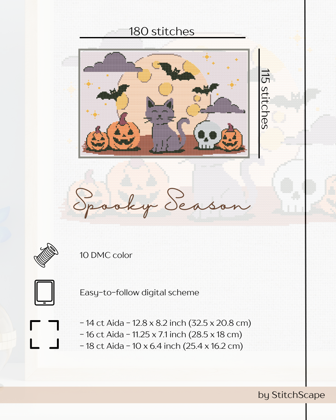 Halloween-themed cross-stitch pattern with cat, pumpkins, and bats on a white background.