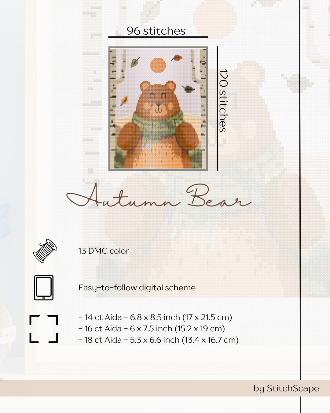Stitch pattern for a bear with text detailing stitches, color, and fabric sizes.