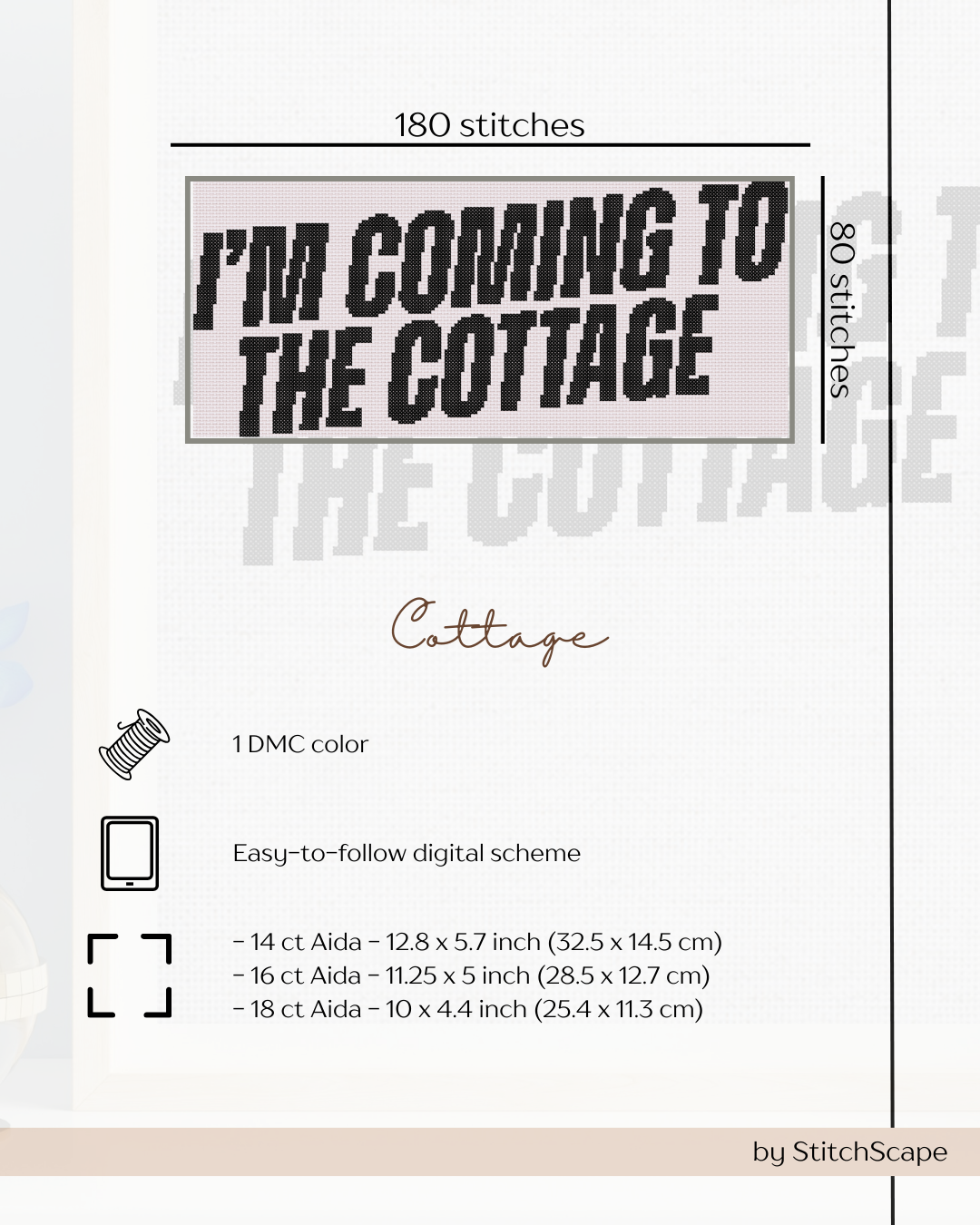 Design sheet for cross-stitching with text 'I'm Coming to the Cottage' and stitching details.