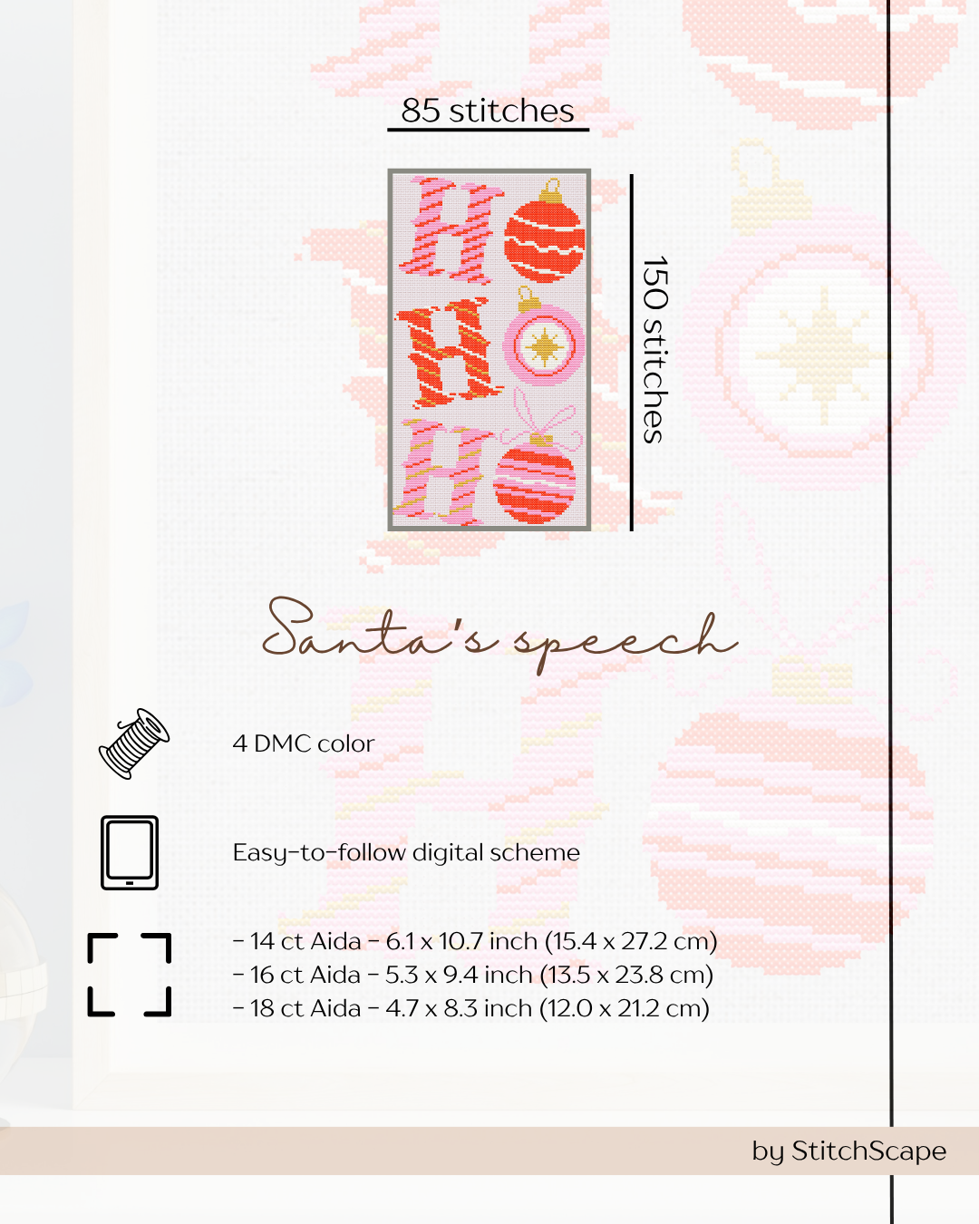 Product packaging for 'Santa's Speech' with stitch count and design details on a light background.
