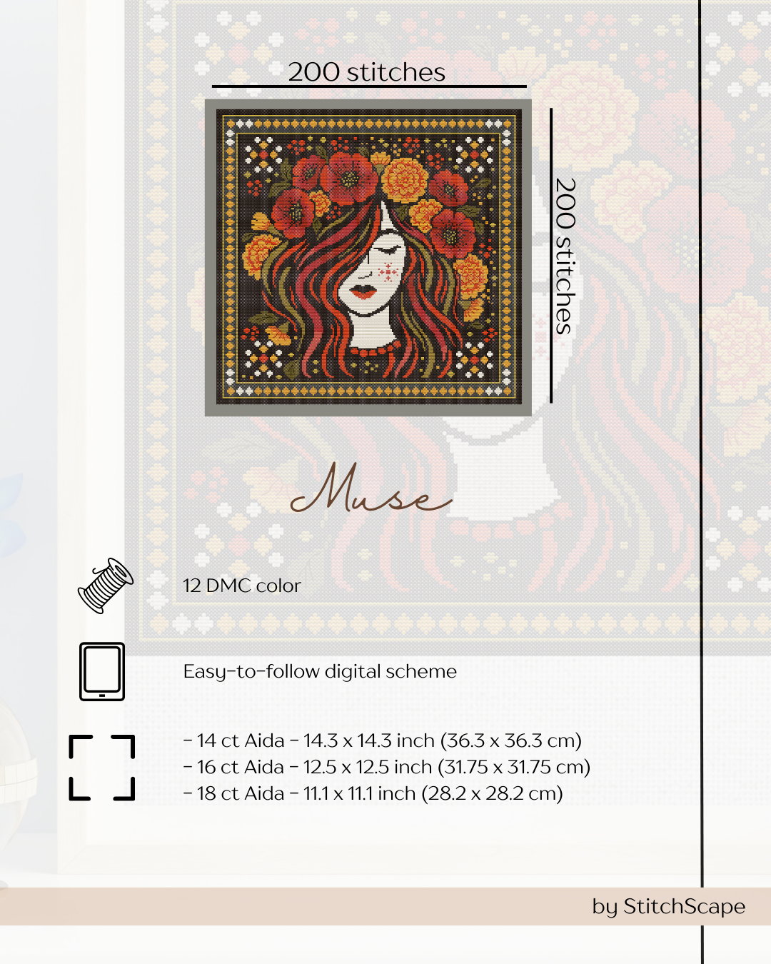 Cross-stitch pattern kit with a woman's face and flowers, labeled 'Muse', by StitchScape.