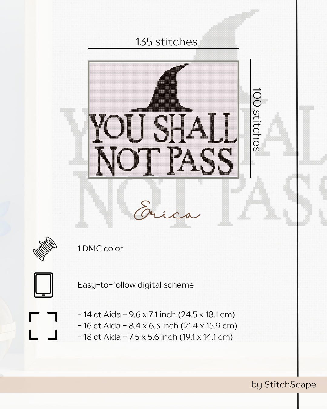 Embroidery design with 'You Shall Not Pass' text and branding details on a white background.