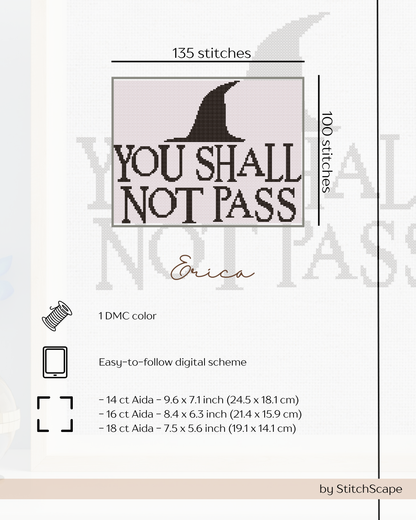 Embroidery design with 'You Shall Not Pass' text and branding details on a white background.