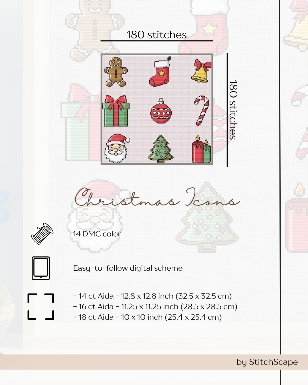 Stitching pattern for Christmas icons with fabric size and color information.