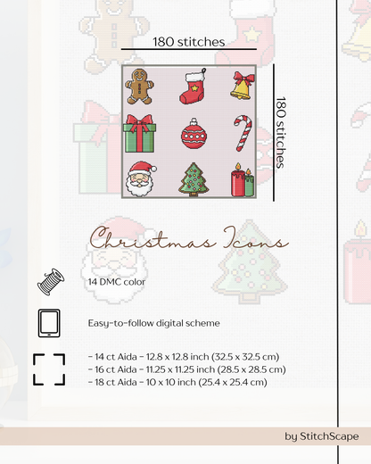 Stitching pattern for Christmas icons with fabric size and color information.