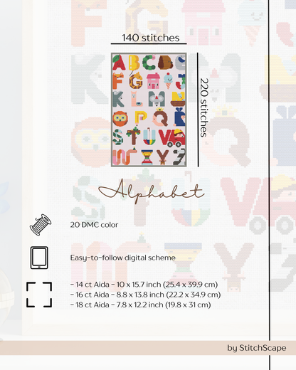 Stitch pattern for an alphabet design with stitch count and fabric size information.