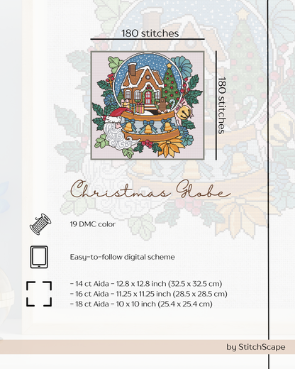 Cross-stitch pattern for a Christmas globe design with house and tree, on a white background.