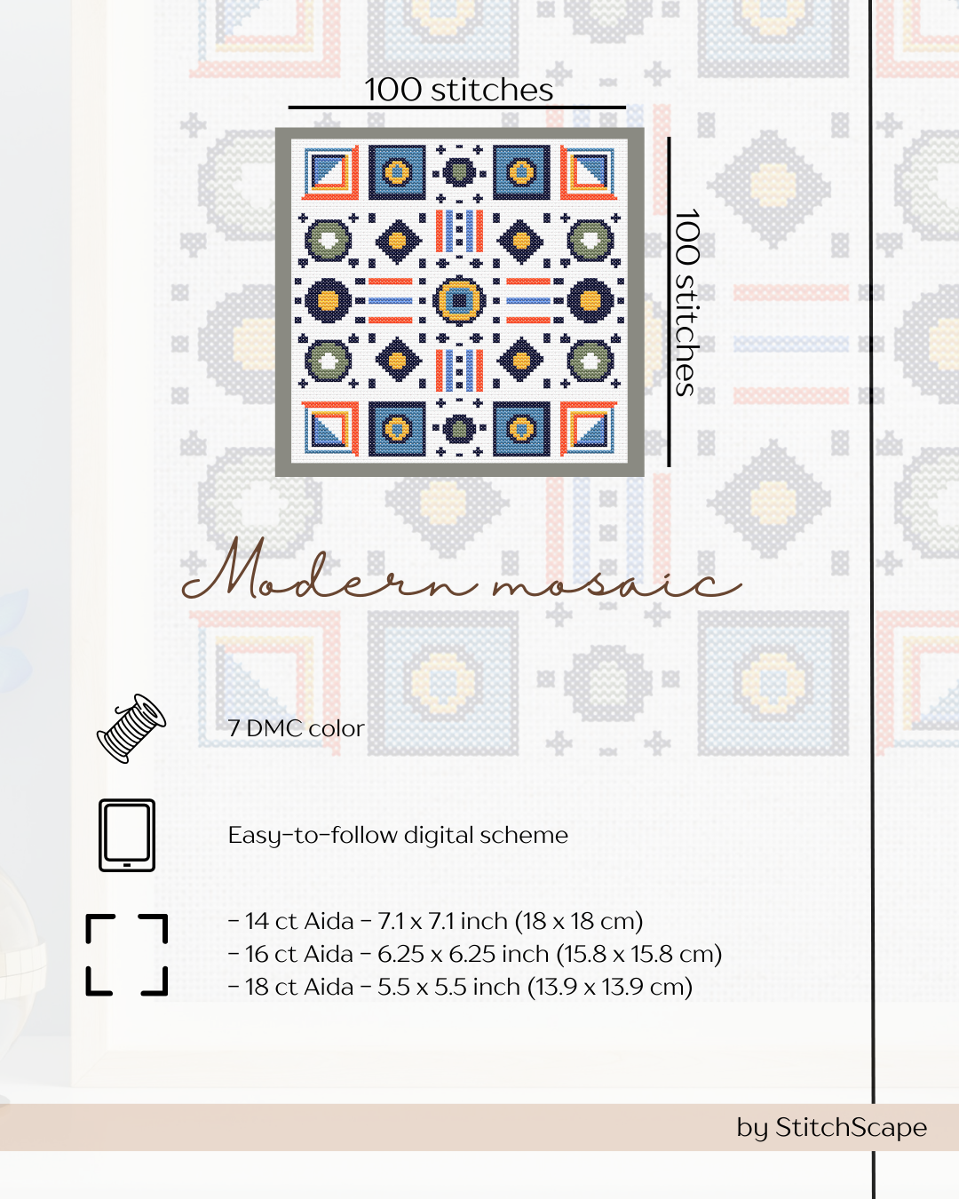 Stitch pattern for 'Modern Mosaic' with geometric design and stitching information.