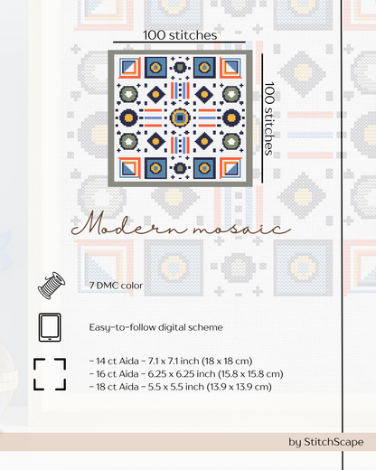 Stitch pattern for 'Modern Mosaic' with geometric design and stitching information.