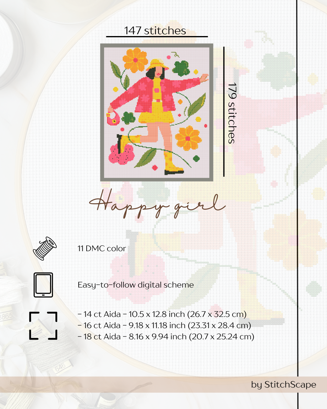 Embroidery design with a girl in a raincoat and flowers, labeled 'Happy girl', on a white background.