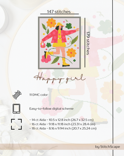 Embroidery design with a girl in a raincoat and flowers, labeled 'Happy girl', on a white background.