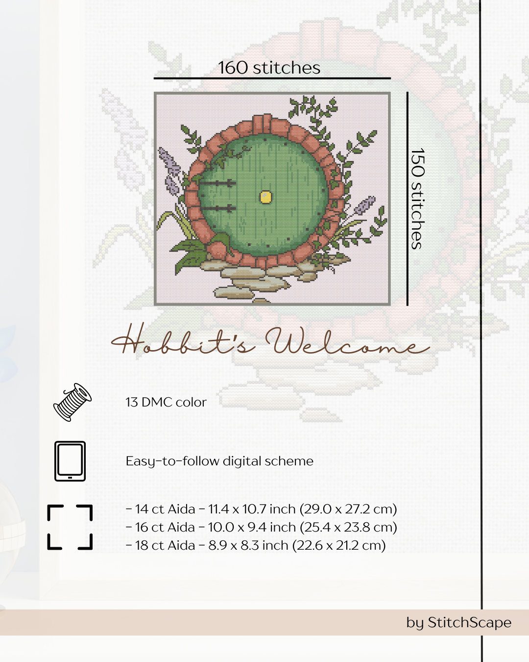 Embroidery design for 'Hobbit's Welcome' with stitch count and color information.