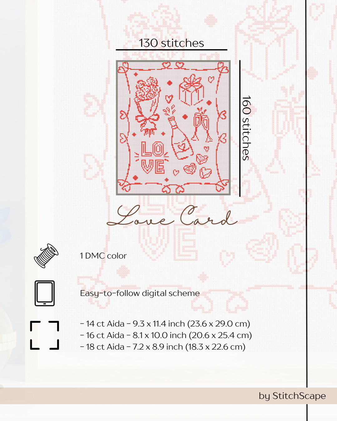 Stitch pattern for a 'Love Card' with details on stitches, color, and fabric sizes.