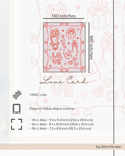 Stitch pattern for a 'Love Card' with details on stitches, color, and fabric sizes.