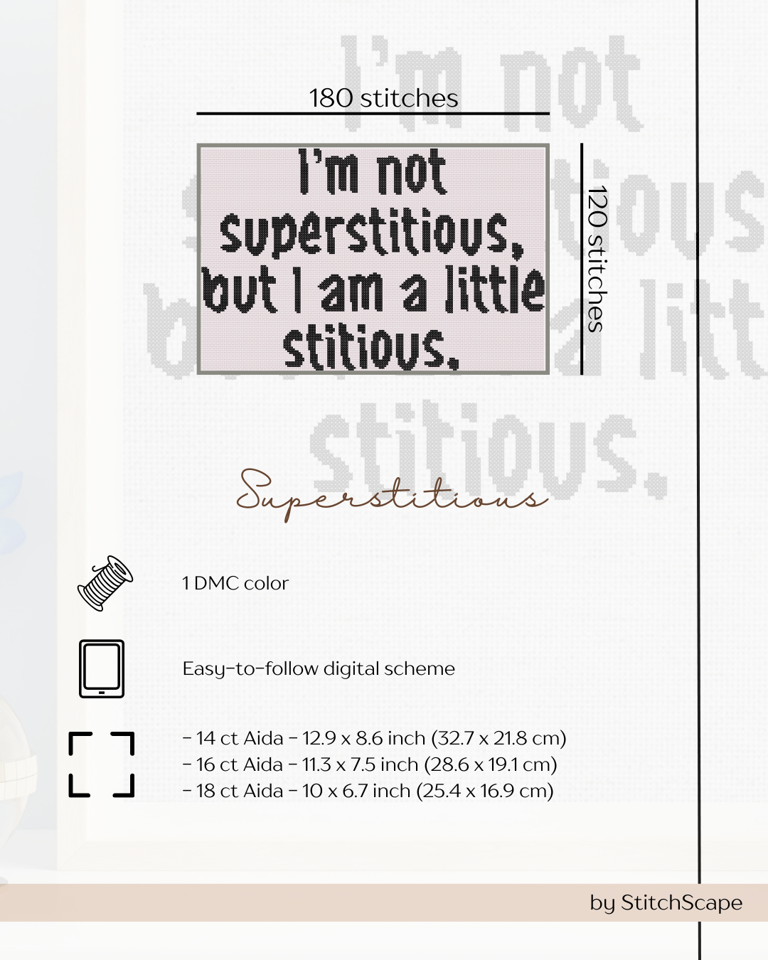 Embroidery design with text 'I'm not superstitious, but I am a little stitious.' and stitching details.