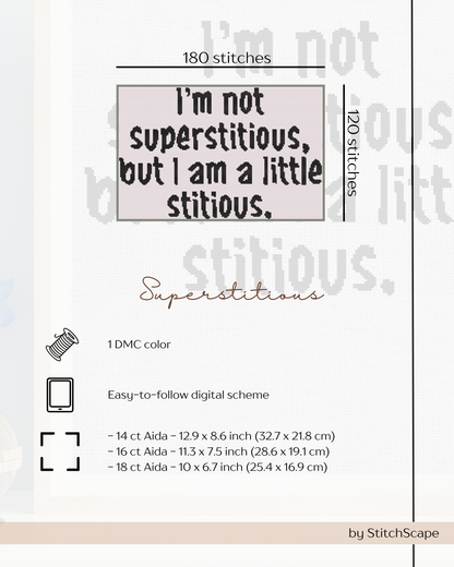 Embroidery design with text 'I'm not superstitious, but I am a little stitious.' and stitching details.