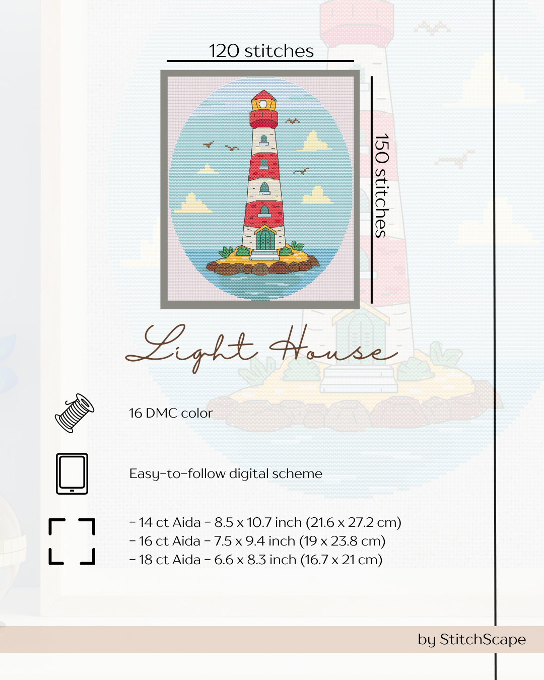 Cross-stitch pattern for a lighthouse with stitching details on a light gray background.