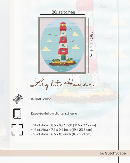 Cross-stitch pattern for a lighthouse with stitching details on a light gray background.