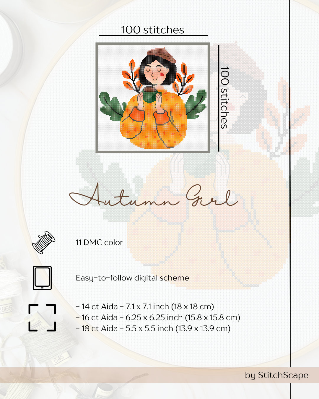 Cross-stitch pattern for 'Autumn Girl' design by StitchScape with details on fabric requirements and color count.