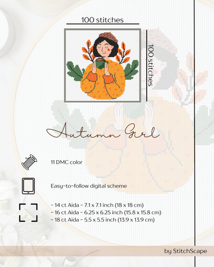Cross-stitch pattern for 'Autumn Girl' design by StitchScape with details on fabric requirements and color count.