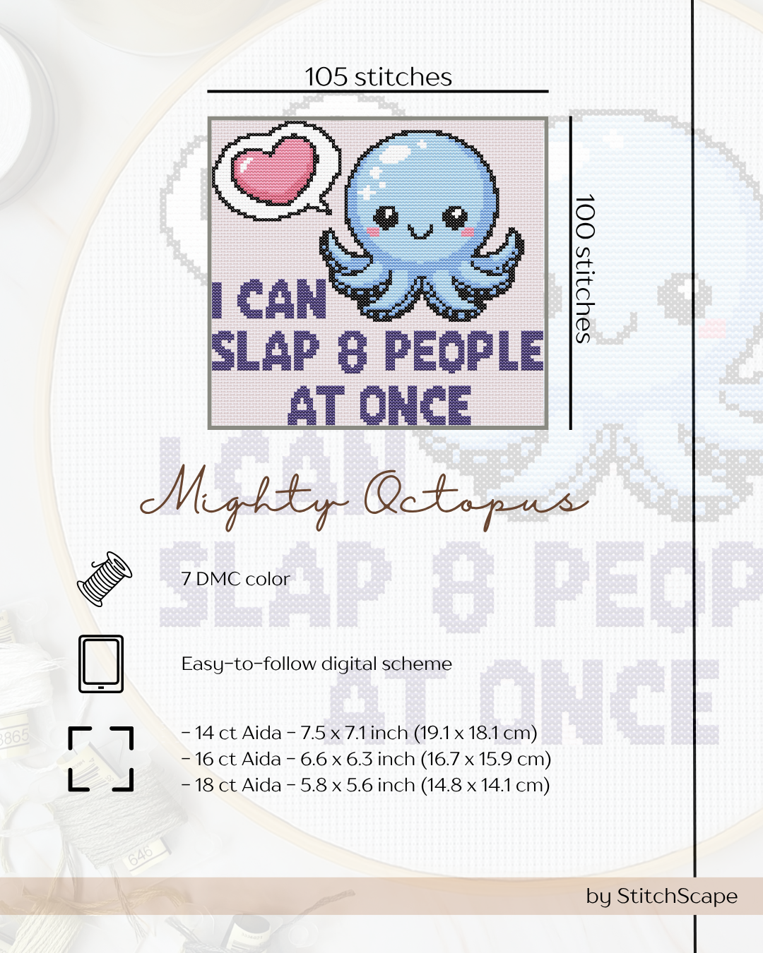 Cross-stitch pattern with a blue octopus and text 'I can slap 8 people at once' on a white background.