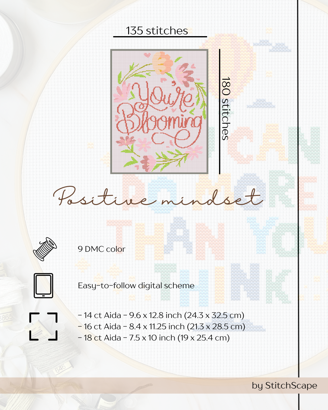 Embroidery design with 'You're Blooming' text and floral elements on a white background.