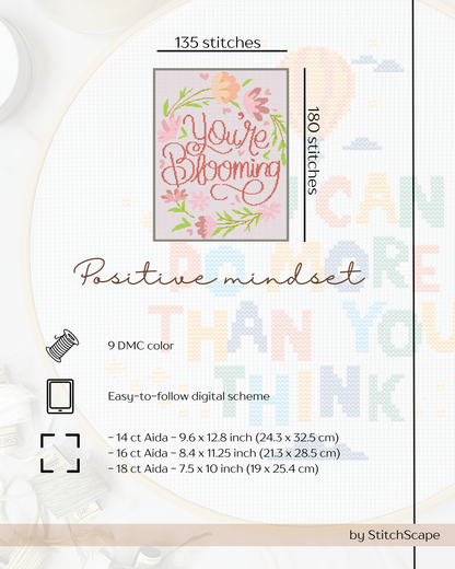 Embroidery design with 'You're Blooming' text and floral elements on a white background.