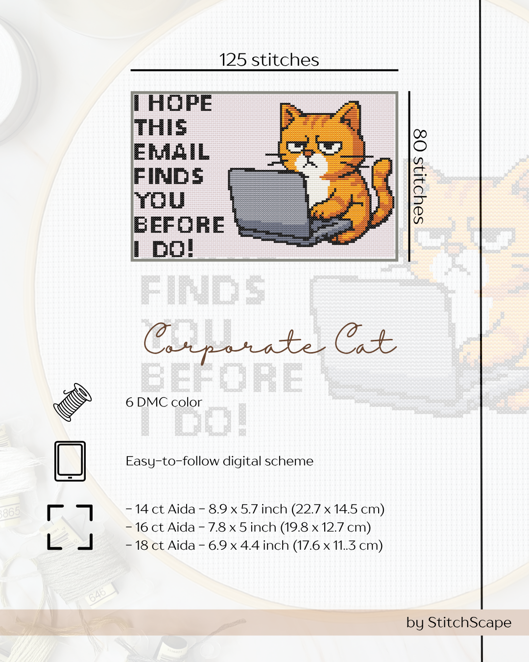Cross-stitch pattern with a cat and laptop, text 'I hope this email finds you before I do!', and details about fabric and color usage.