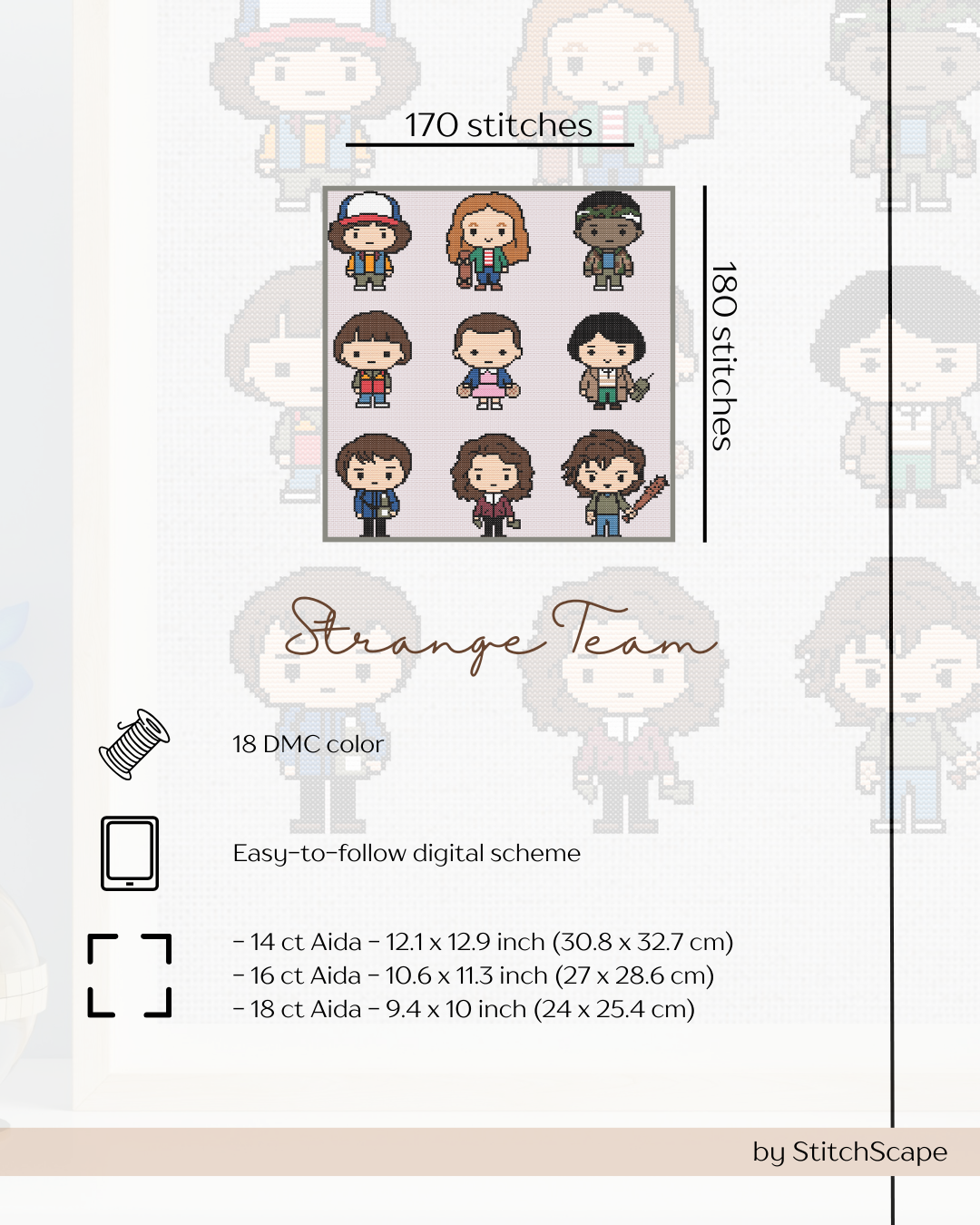 Stitch chart for 'Strange Team' with character illustrations and embroidery details.