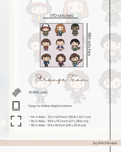 Stitch chart for 'Strange Team' with character illustrations and embroidery details.