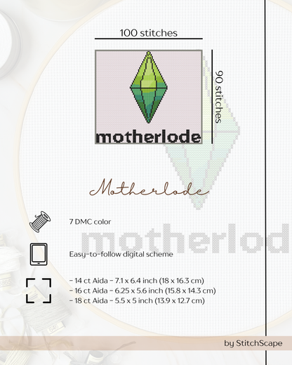 Stitch pattern for 'motherlode' design with geometric shapes and text on a light background.